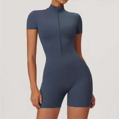 Women’s Nude Fitness Jumpsuit | Sporty | Half Zip | Stand Collar