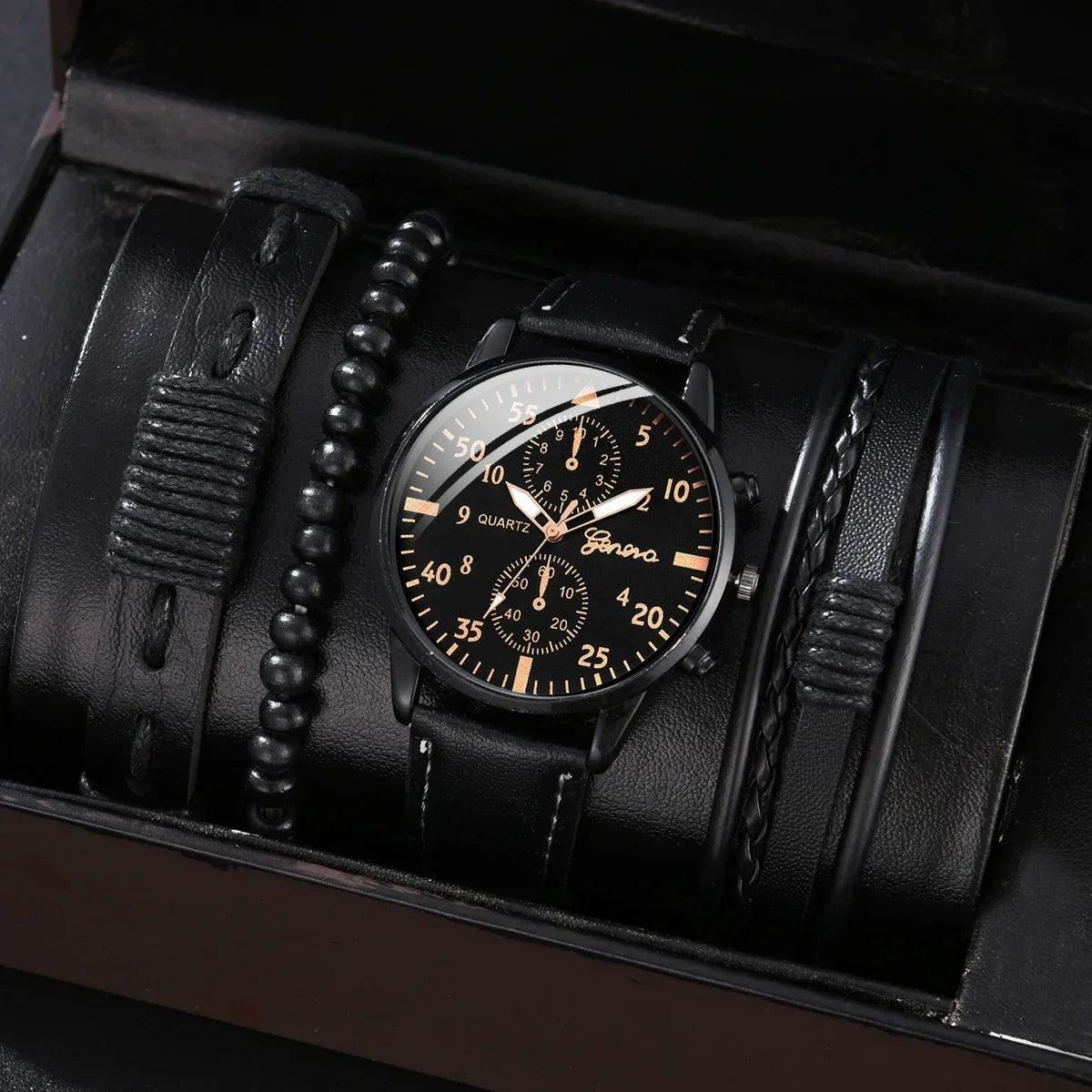 Men’s Luxury Watch Jewelry Set – Leather Strap Fashion Wristwatches Gift Pack with bracelet