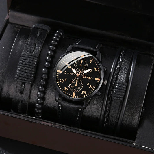 Men’s Luxury Watch Jewelry Set – Leather Strap Fashion Wristwatches Gift Pack with bracelet