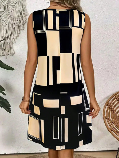 Women’s Geometric Pattern Midi Dress – Sleeveless Casual Summer Dress