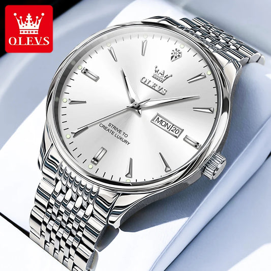 Men’s Luxury Quartz Watch – Waterproof Steel Strap Wristwatch with Dual Calendar & Luminous Dial
