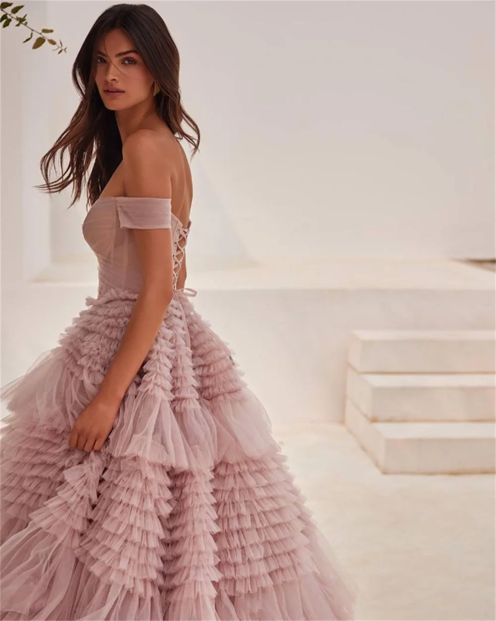 Women’s Off Shoulder Tulle Prom Dress – Elegant Maxi Multilayer Ball Gown with Train