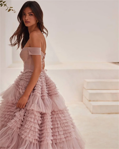 Women’s Off Shoulder Tulle Prom Dress – Elegant Maxi Multilayer Ball Gown with Train