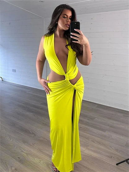 Women’s Summer Beach Maxi Dress – Hollow Out Twist Knot Deep V Split Dress