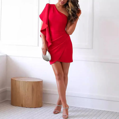 Women’s One Shoulder Ruffle Mini Dress – Elegant Folded Solid Color Evening Dress