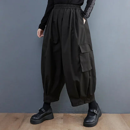 Women’s Vintage Cargo Pants Bottom – Spring Summer High Elastic Waist Oversized Loose Black Trousers with Pockets