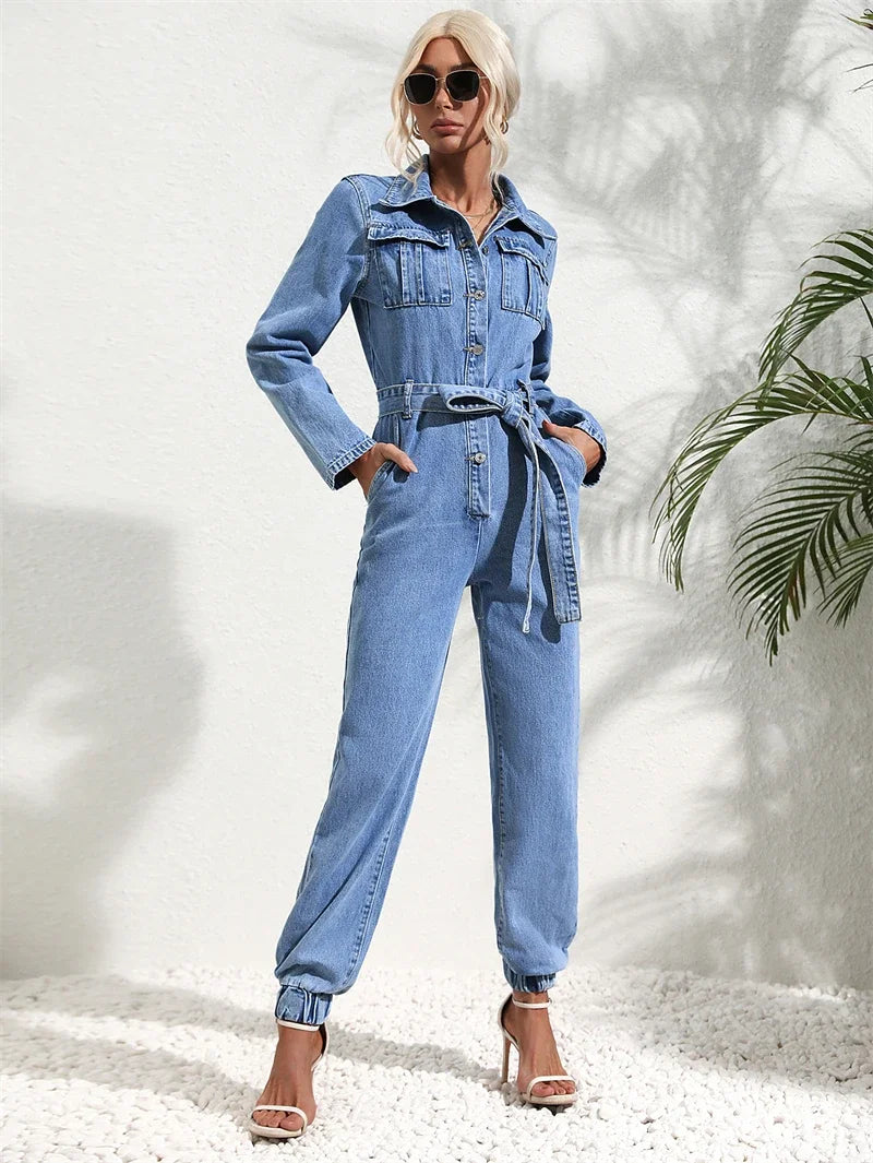 Women’s Denim Jumpsuit | Streetwear | Belted | Turn Down Collar
