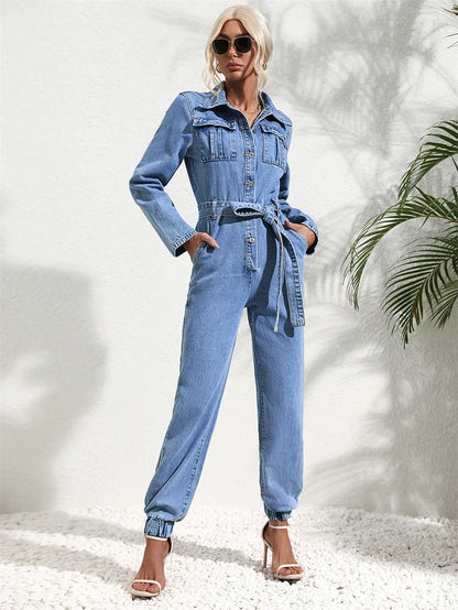 Women’s Denim Jumpsuit | Streetwear | Belted | Turn Down Collar