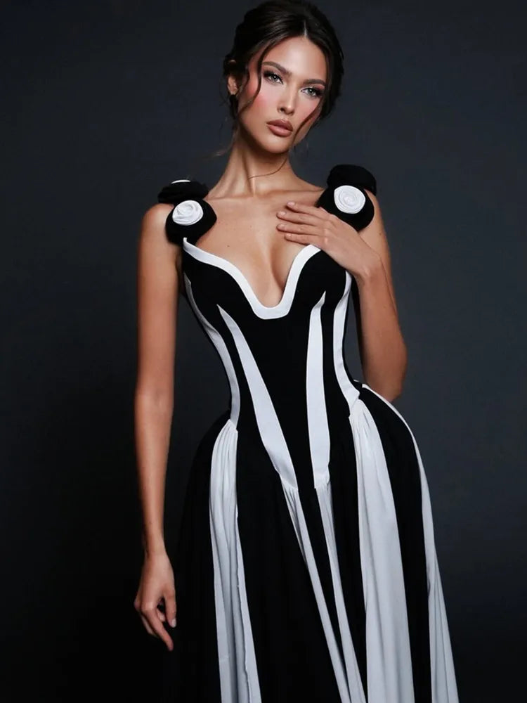 Women’s Black & White Striped V-Neck Maxi Dress – Bandage Evening Outfit