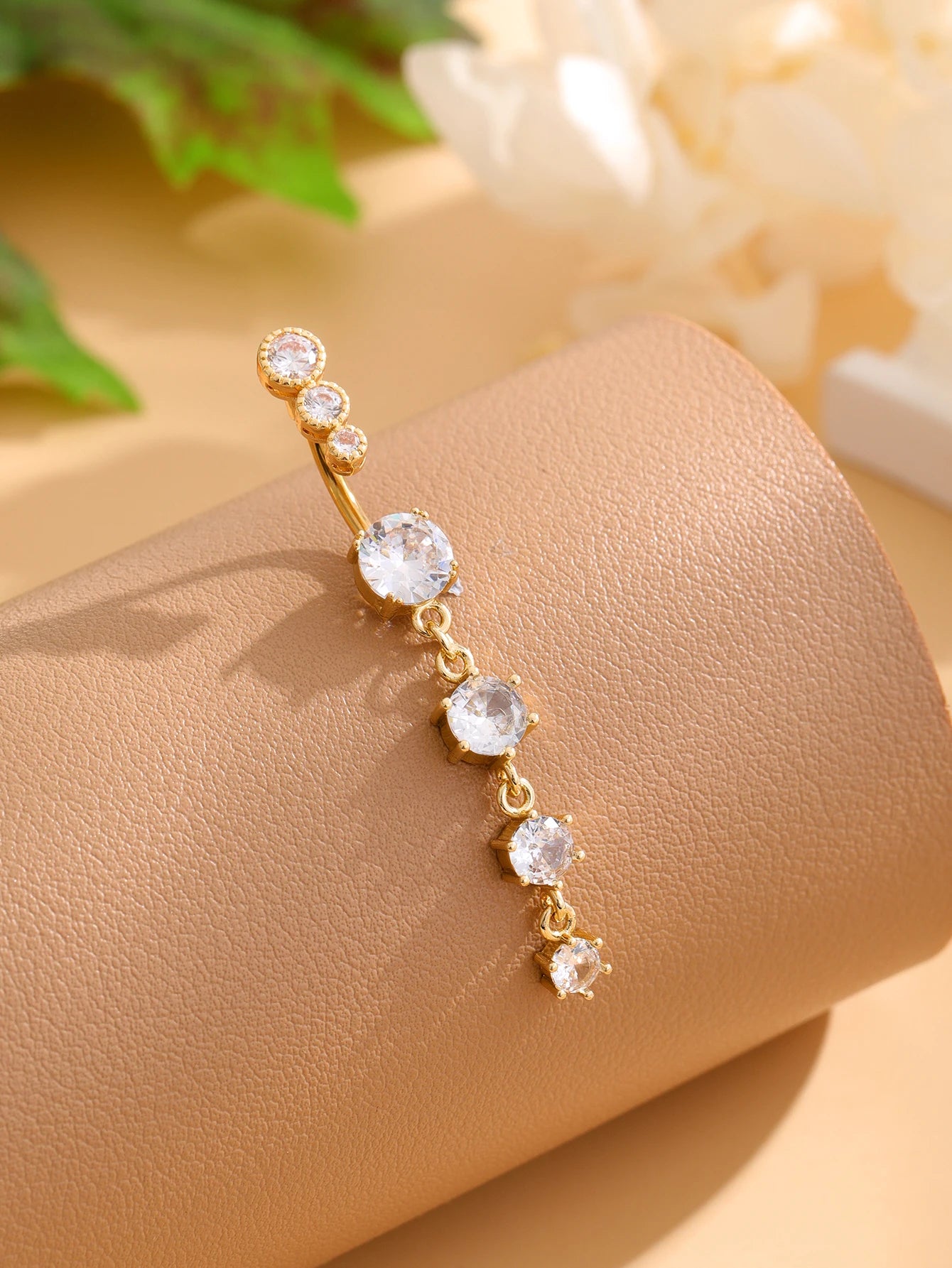 Women’s Gold Stainless Steel Belly Button – Long Dangle Flower CZ Crystal Navel Piercing Jewelry