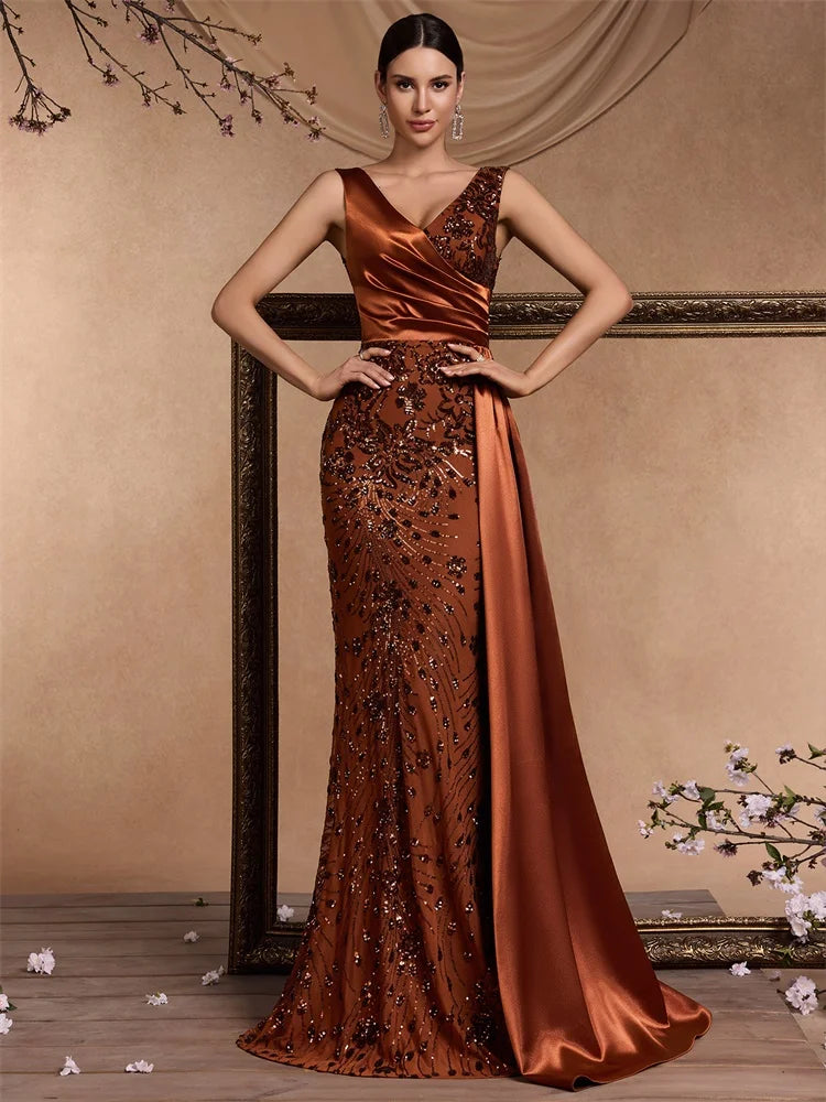 Women’s Sequin Mermaid Evening Maxi Dress – Elegant V-Neck Sleeveless Formal Gown