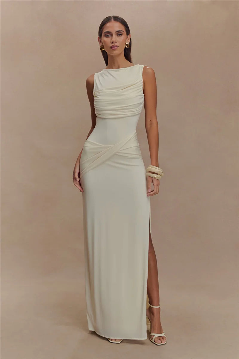 Women’s Backless Ruched Maxi Dress – Elegant Sleeveless High Split Summer Evening Gown