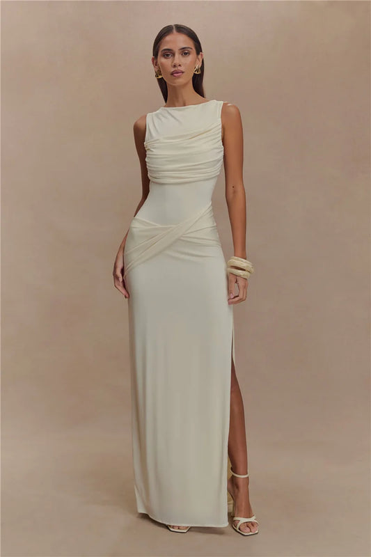 Women’s Backless Ruched Maxi Dress – Elegant Sleeveless High Split Summer Evening Gown