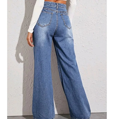 Women’s Blue Wide Leg Jeans Bottom – High Waist Straight Denim Trousers, Elegant Y2K Loose Fit Pants for Spring & Autumn