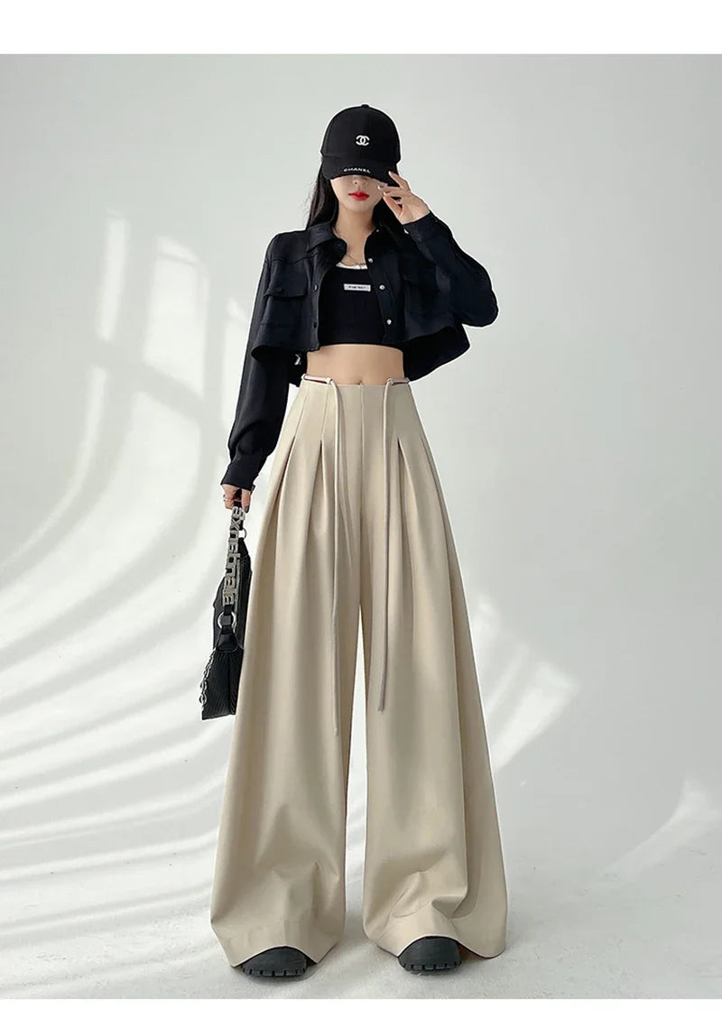 Women’s Streetwear Wide Leg Pants Bottom – Korean High Waist Lace-Up Suit Trousers, Elegant Black Summer Fashion