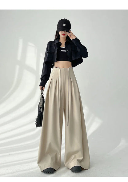 Women’s Streetwear Wide Leg Pants Bottom – Korean High Waist Lace-Up Suit Trousers, Elegant Black Summer Fashion