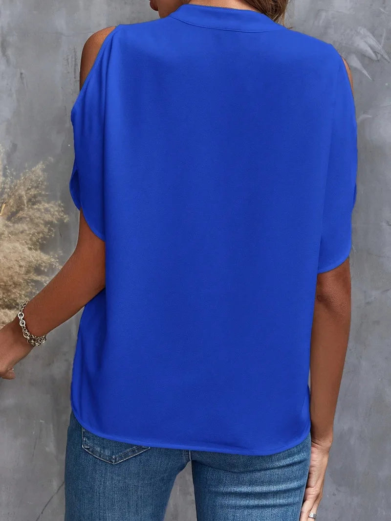 Women’s Elegant V-Neck Off-Shoulder Shirt – Solid Color Office Blouse Y2K Summer Top