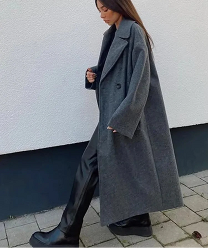 Women’s Solid Lapel Double Breasted Winter Long Coat | Elegant Streetwear Outerwear