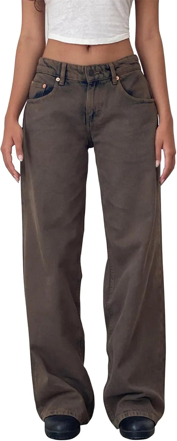 Women’s Jeans Bottom – Low Waist Straight Denim Pants with Pockets Casual Y2K Streetwear