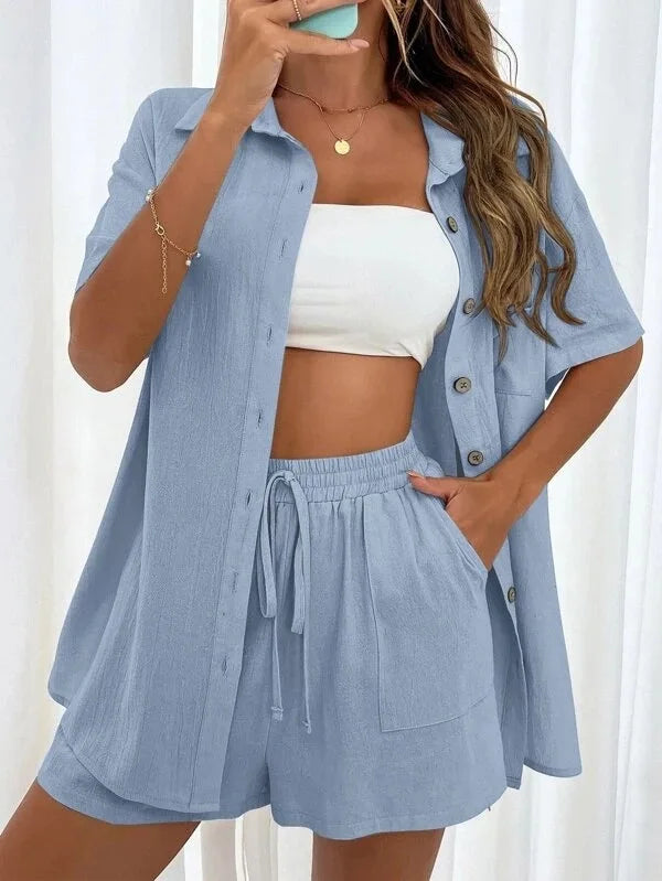 Women’s Long Sleeve Single-Breasted Broad-Leg Casual Set | Sexy Solid Summer 2-Piece Outfit