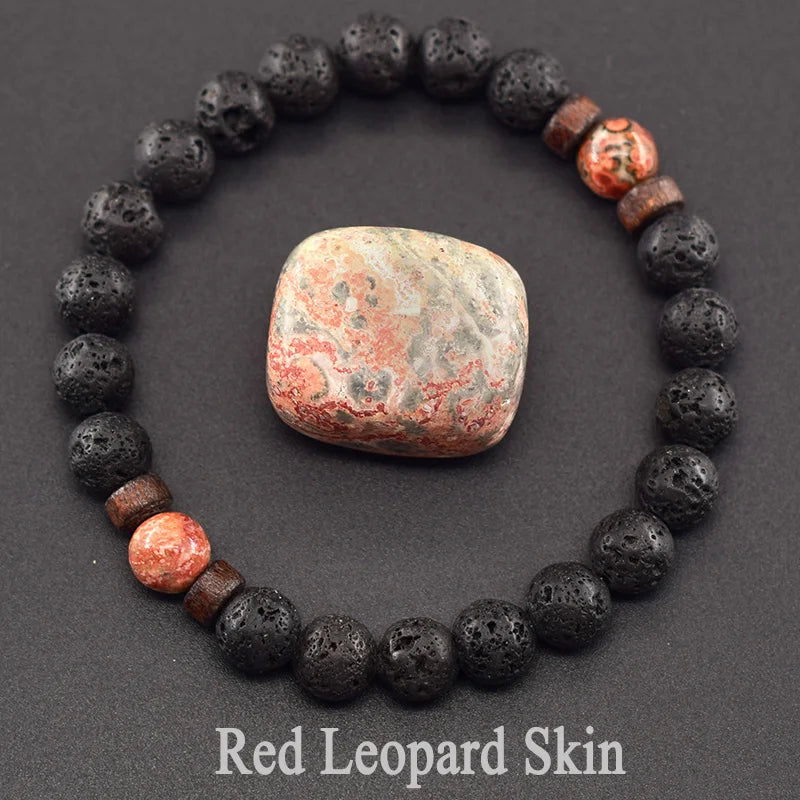 Men’s Tiger Eye & Lava Stone Bead Bracelet – Tibetan Buddha Elastic Wristband Jewelry