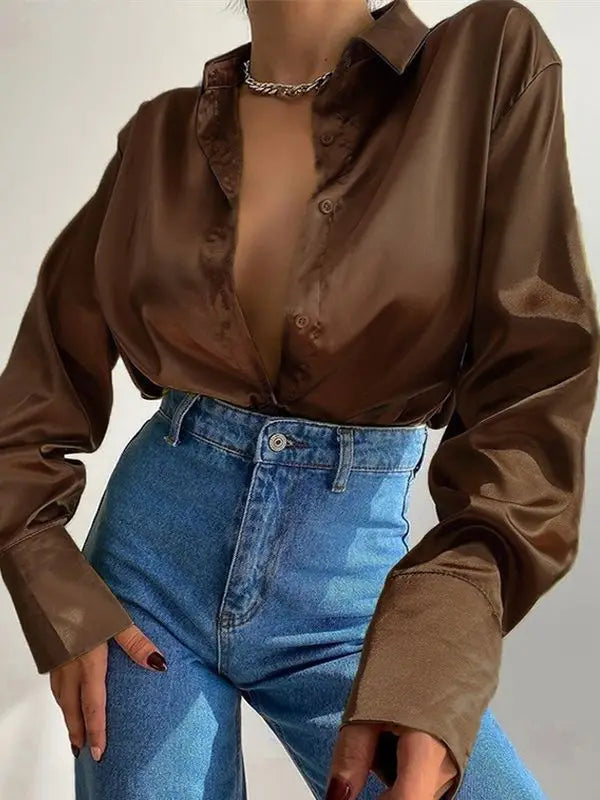 Women’s Vintage Polo Collar Shirt Top – Loose Button-Up Office Blouse in Blue, Green & Black for Autumn Fashion