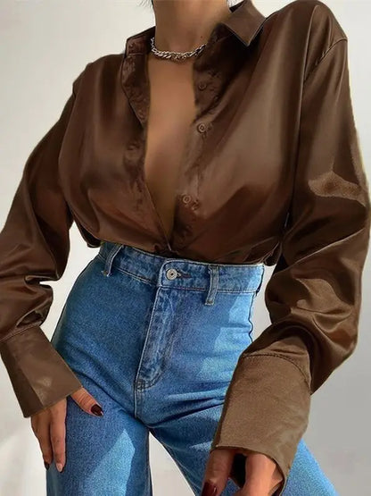 Women’s Vintage Polo Collar Shirt Top – Loose Button-Up Office Blouse in Blue, Green & Black for Autumn Fashion