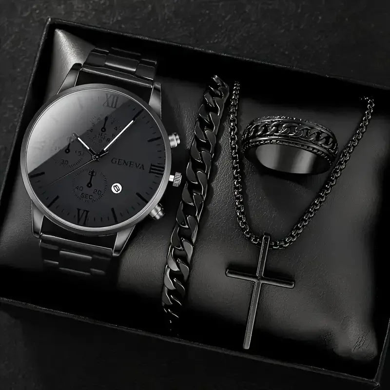 Men’s Luxury Quartz Watch Gift Jewelry Set – Gold Roman Calendar Wristwatch with Cross Necklace, Bracelet & Ring