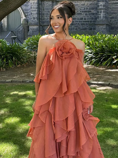 Women’s Ruffled Maxi Dress – Backless Sleeveless Slim Fit Summer Beach & Party Dress