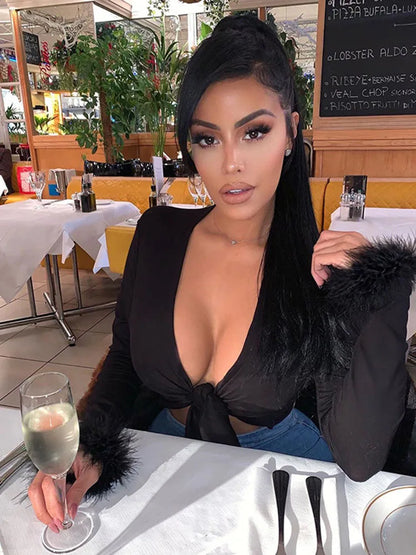 Women’s Long Sleeve Fur V-Neck Sexy Wrapped Bandage Crop Top | Autumn Winter Streetwear Club Party Top