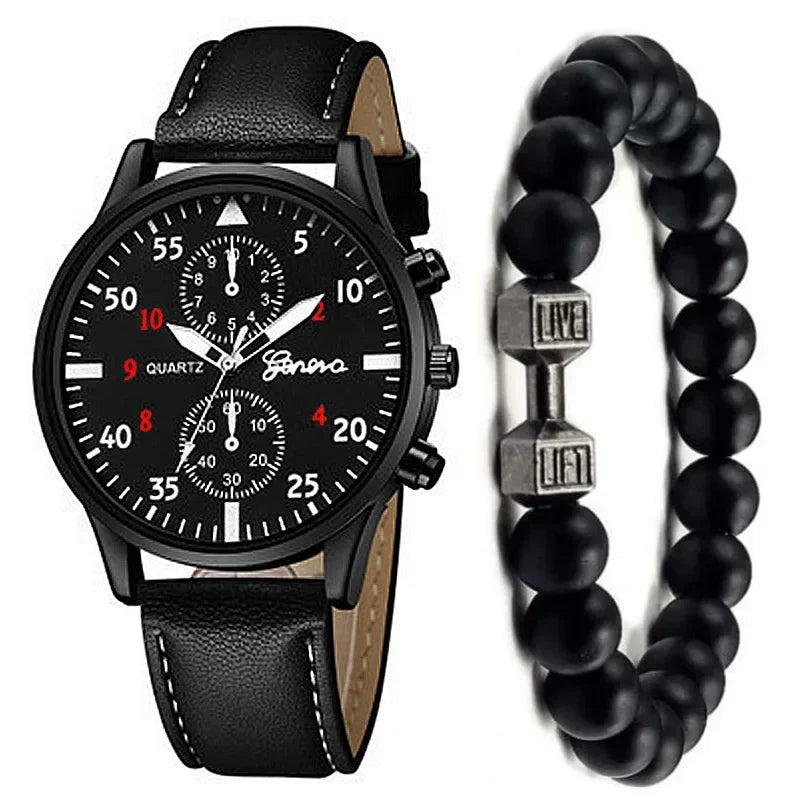 Men’s Luxury Watch Jewelry Set – Leather Strap Fashion Wristwatches Gift Pack with bracelet