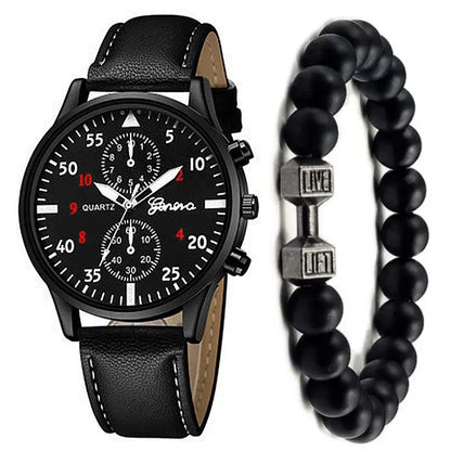 Men’s Luxury Watch Jewelry Set – Leather Strap Fashion Wristwatches Gift Pack with bracelet