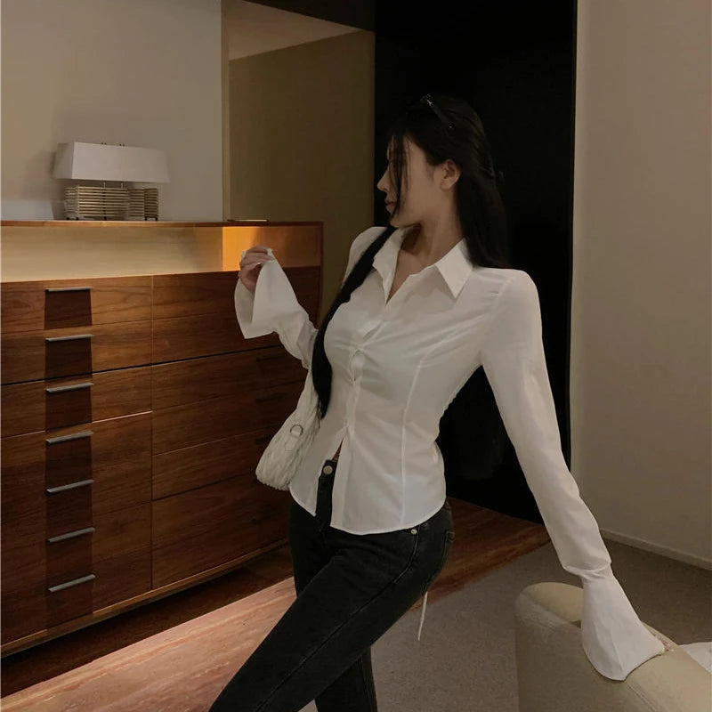 Women’s Korean Bandage Shirt Top – Slim Fit Bell Sleeve Blouse for Spring Casual Streetwear