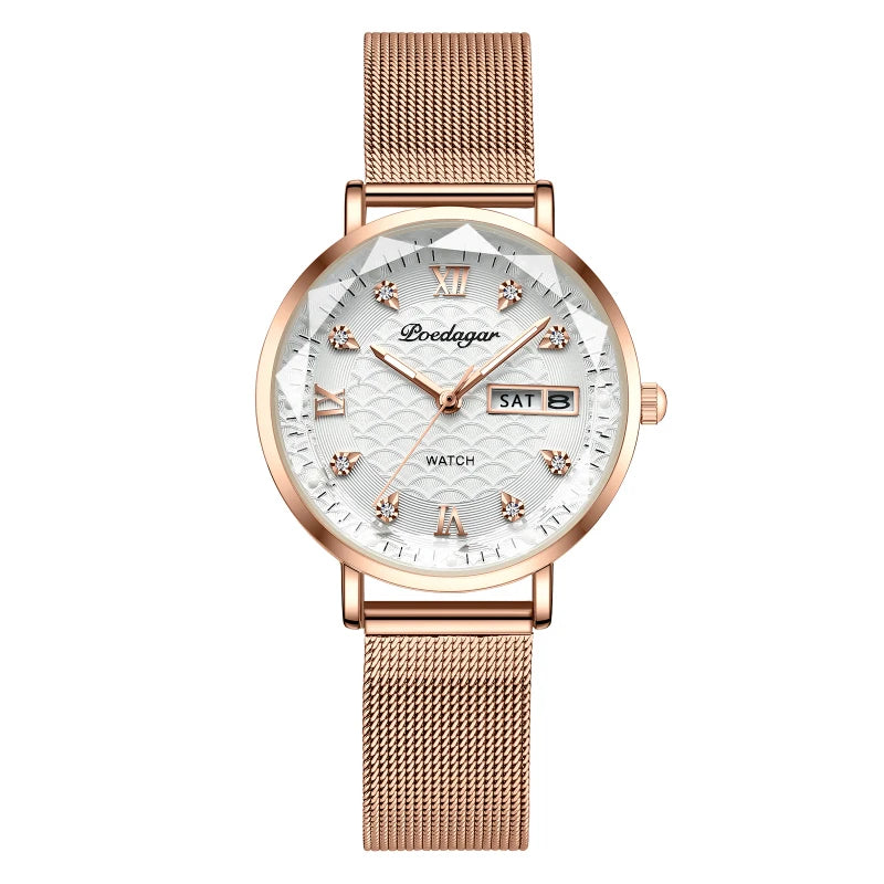 Women’s Luxury Stainless Steel Watch – Waterproof Wristwatch with Date & Week Display