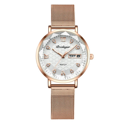 Women’s Luxury Stainless Steel Watch – Waterproof Wristwatch with Date & Week Display