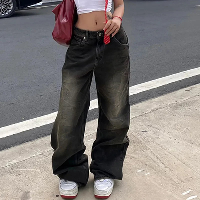 Women’s Vintage Distressed Jeans – Low Waist Wide Leg Denim Pants Bottom