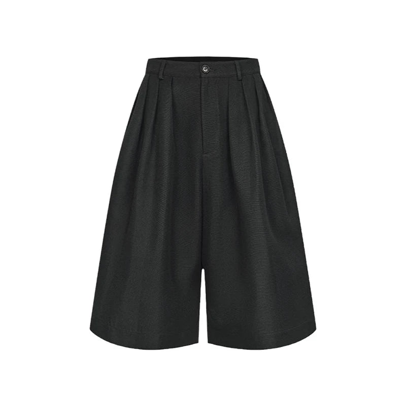Women’s Solid Black Wide Bermuda Bottom – High Waist Pleated Streetwear Bloomers Casual Unisex Style