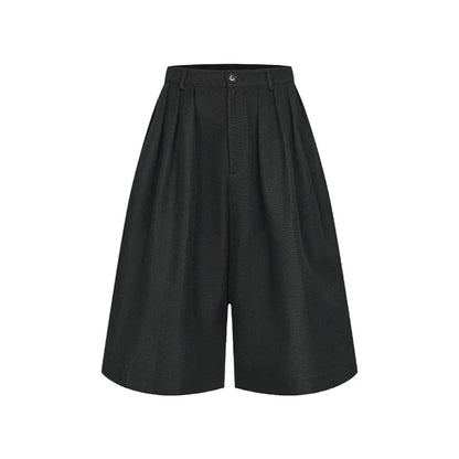 Women’s Solid Black Wide Bermuda Bottom – High Waist Pleated Streetwear Bloomers Casual Unisex Style
