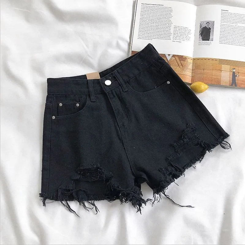 Women’s High Waist Denim Shorts Bottom – Korean Y2K Ripped Jeans Shorts with Pockets & Tassels Summer Streetwear