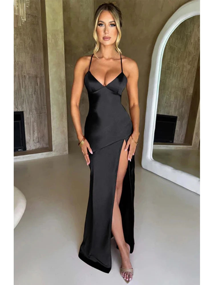 Women’s Satin Spaghetti Strap Dress – Elegant Backless Lace-Up Split Hem Long Party Maxi Dress