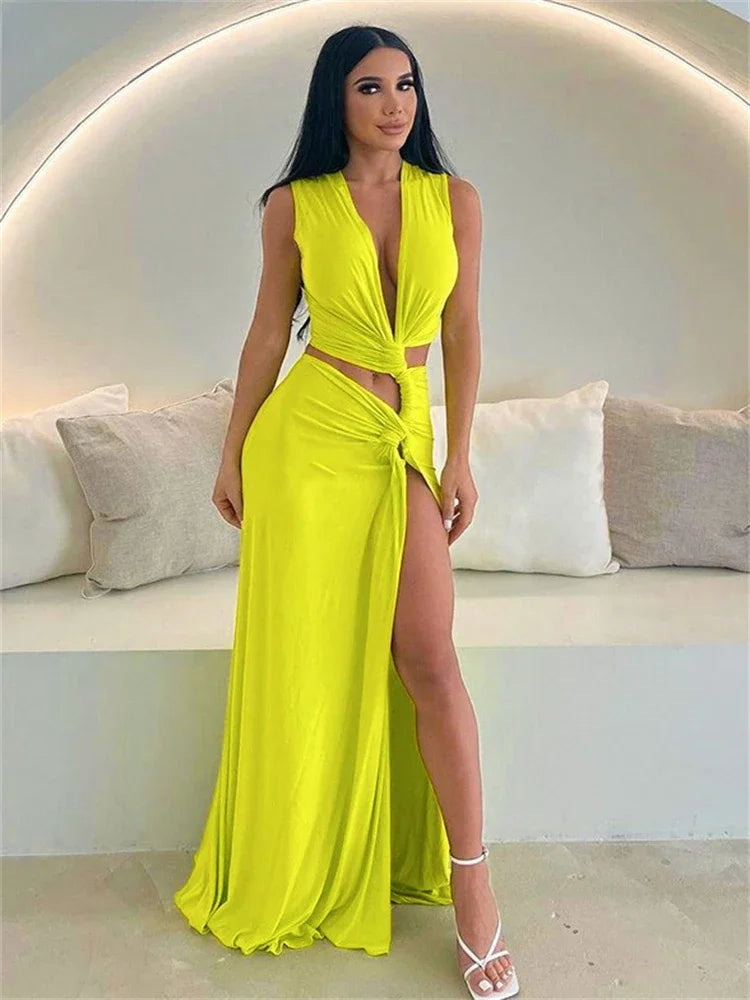 Women’s Summer Beach Maxi Dress – Hollow Out Twist Knot Deep V Split Dress