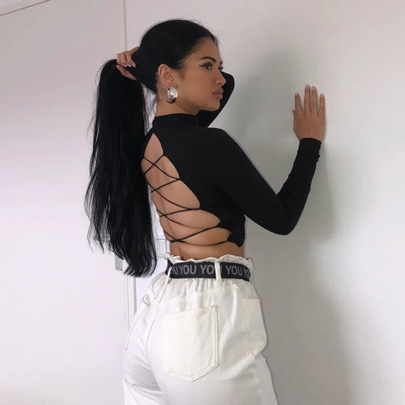 Women’s Knitted Hollow Out Sexy Top | Bandage Backless Long Sleeve Streetwear Tee