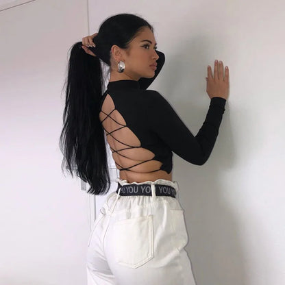 Women’s Knitted Hollow Out Sexy Top | Bandage Backless Long Sleeve Streetwear Tee