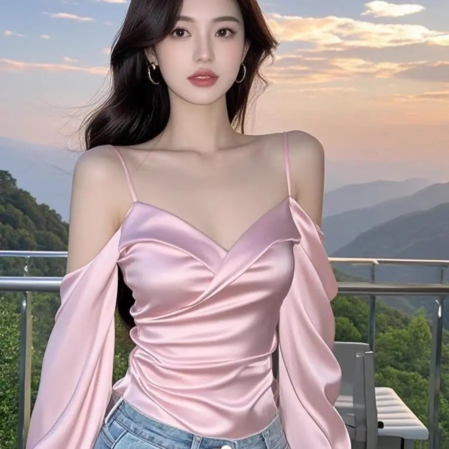 Women’s French Satin Off-Shoulder Blouse – Elegant Slash Neck Strap Top | Slim Fit Pink Shirt