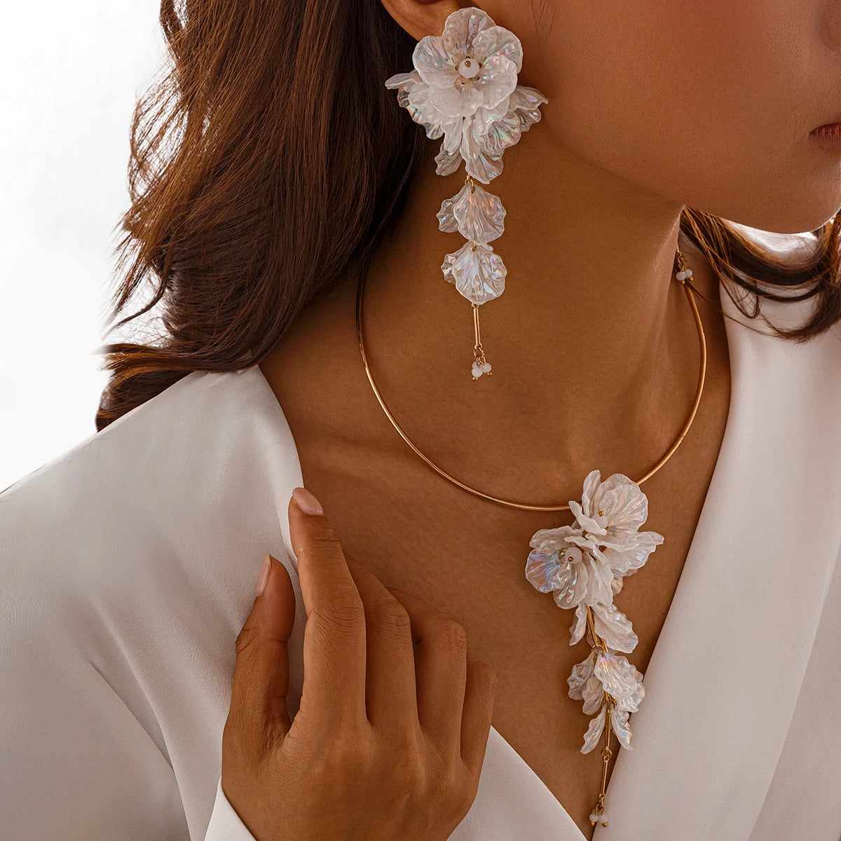 Women’s Jewelry Torque Chain Jewelry Set | Bridal | Elegant | White Flower