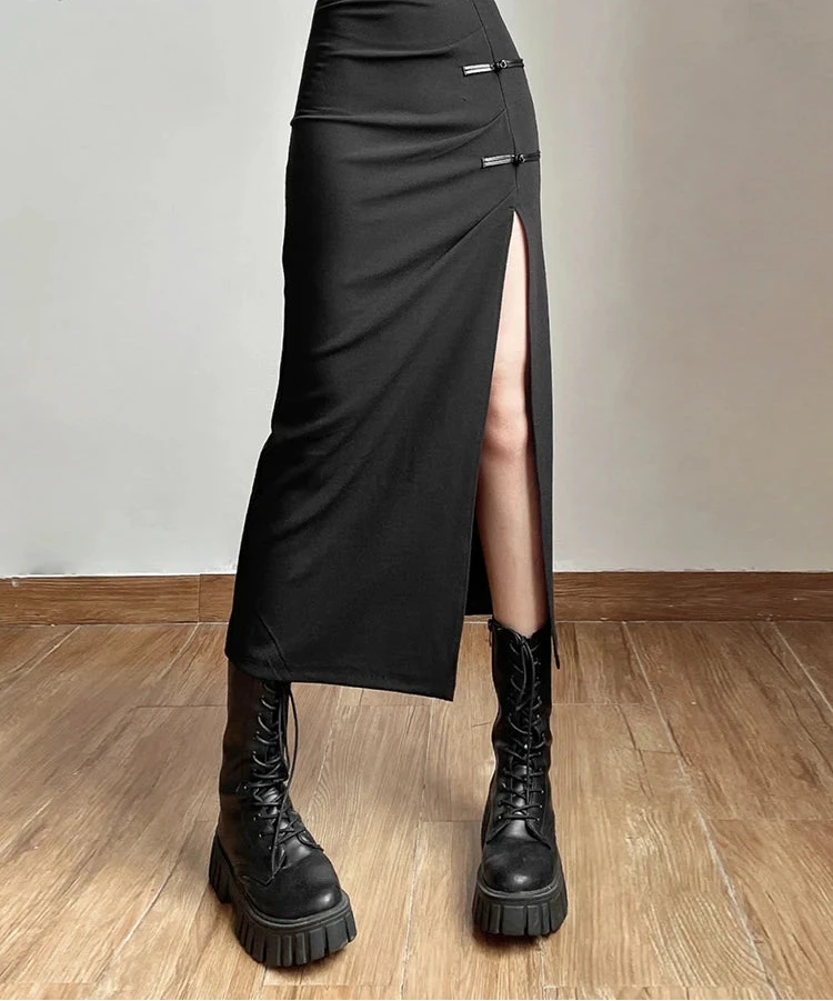 Women’s Black Split Skirt Bottom – Sexy Casual Streetwear Basic Slim Fit Skirt
