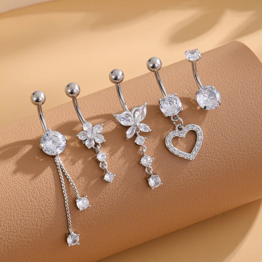 Women’s Belly Button – 5pcs Dangled Butterfly & Heart Navel Piercing Body Jewelry
