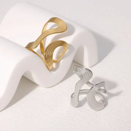 Women’s Irregular Wave Stainless Steel Ring – Adjustable Gold Color Statement Jewelry