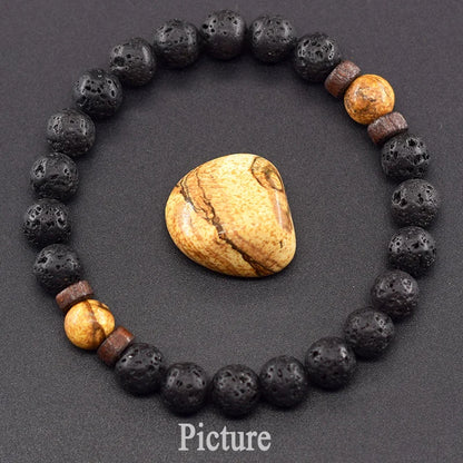 Men’s Tiger Eye & Lava Stone Bead Bracelet – Tibetan Buddha Elastic Wristband Jewelry