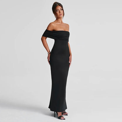 Women’s Off-Shoulder Backless Dress – Elegant Pleated High Slit Evening Party Dress